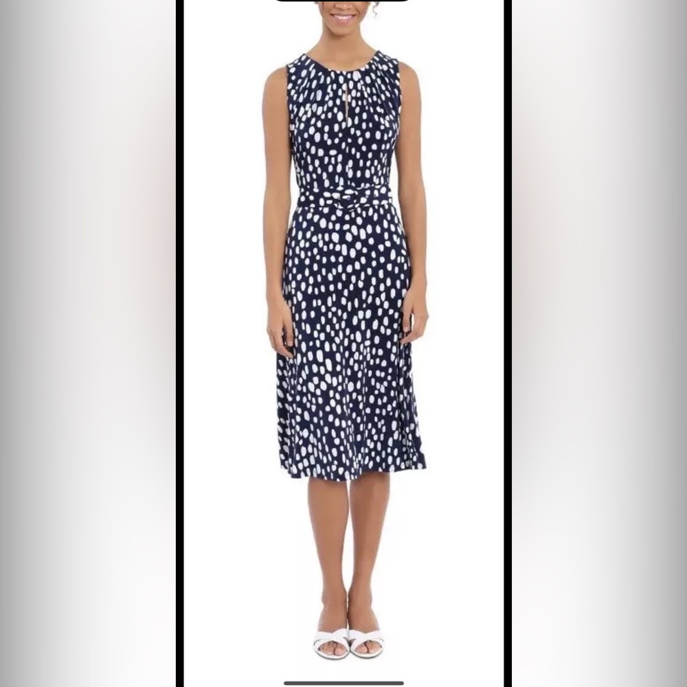 😍London Times Chalk Dot Belted Pleated Neck Midi Summer Dress Navy
